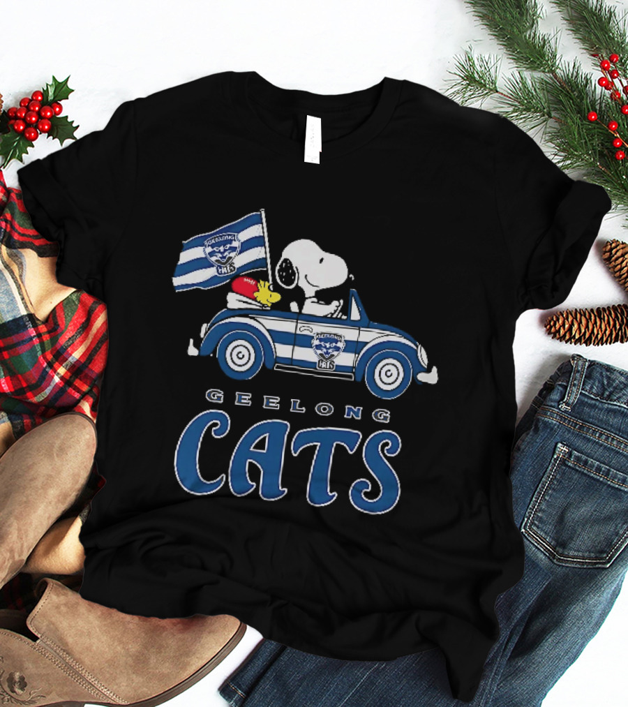 Geelong Cats Snoopy Woodstock Driving With Flag T-Shirt