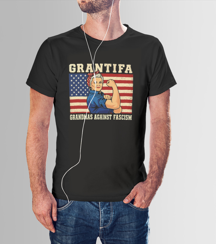 Grantifa Grandmas Against Fascism Rosie Riveter USA Flag T-Shirt