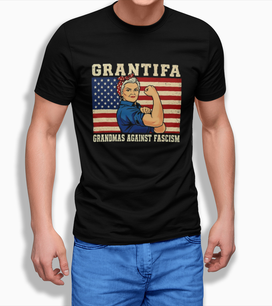 Grantifa Grandmas Against Fascism Rosie Riveter USA Flag T-Shirt