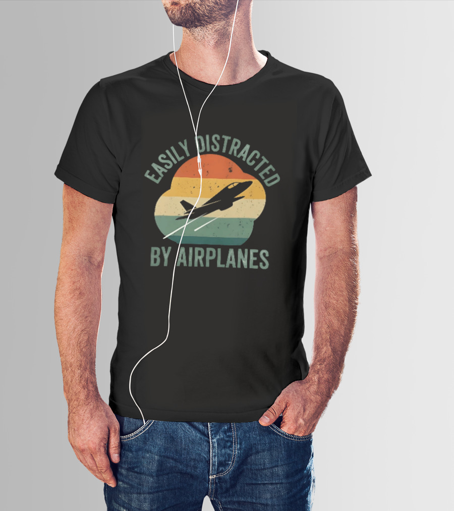 Easily Distracted By Airplanes Retro Jet Vintage Stripes T-Shirt