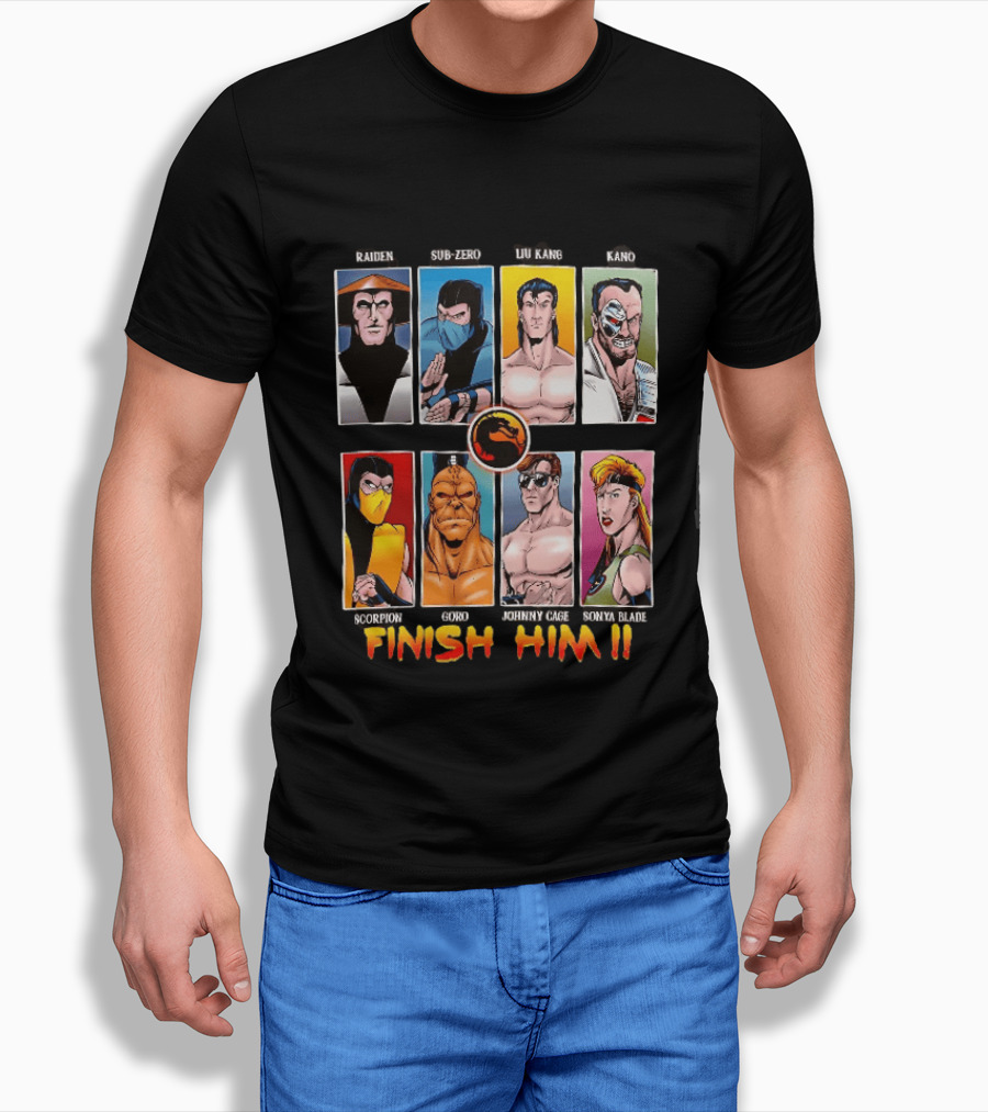 Raiden Sub Zero Liu Kang Kano Scorpion Goro Johnny Cage Sonya Blade Finish Him Mortal Kombat T-Shirt