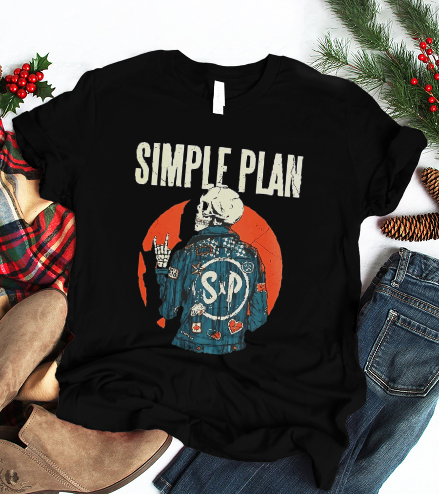 Simple Plan Just A Kid 1999 Skeleton Rock Sign SP Denim Jacket Distressed T-Shirt