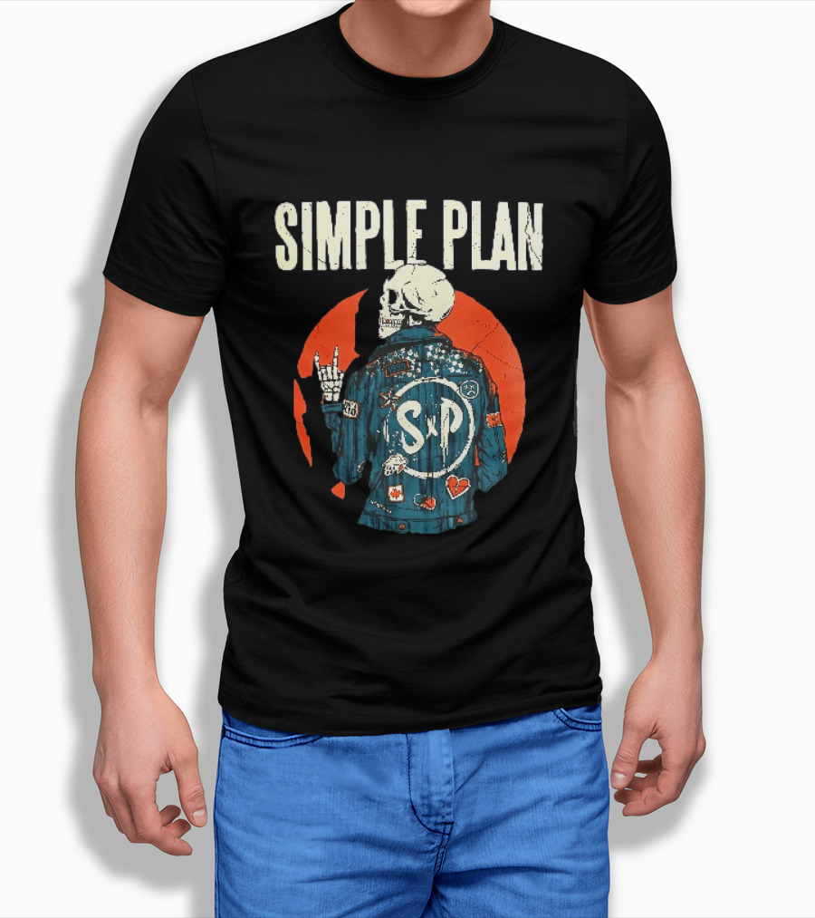Simple Plan Just A Kid 1999 Skeleton Rock Sign SP Denim Jacket Distressed T-Shirt