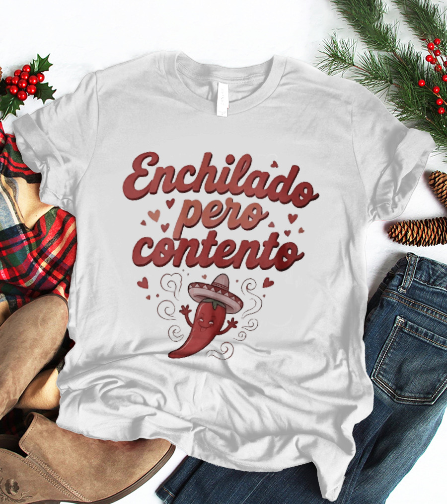 Enchilado Pero Contento Sombrero Chili Pepper Cartoon Hearts T-Shirt