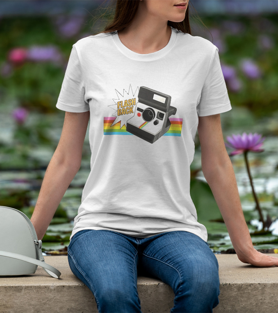 Flash Back Instant Camera Rainbow Stripe Starburst T-Shirt