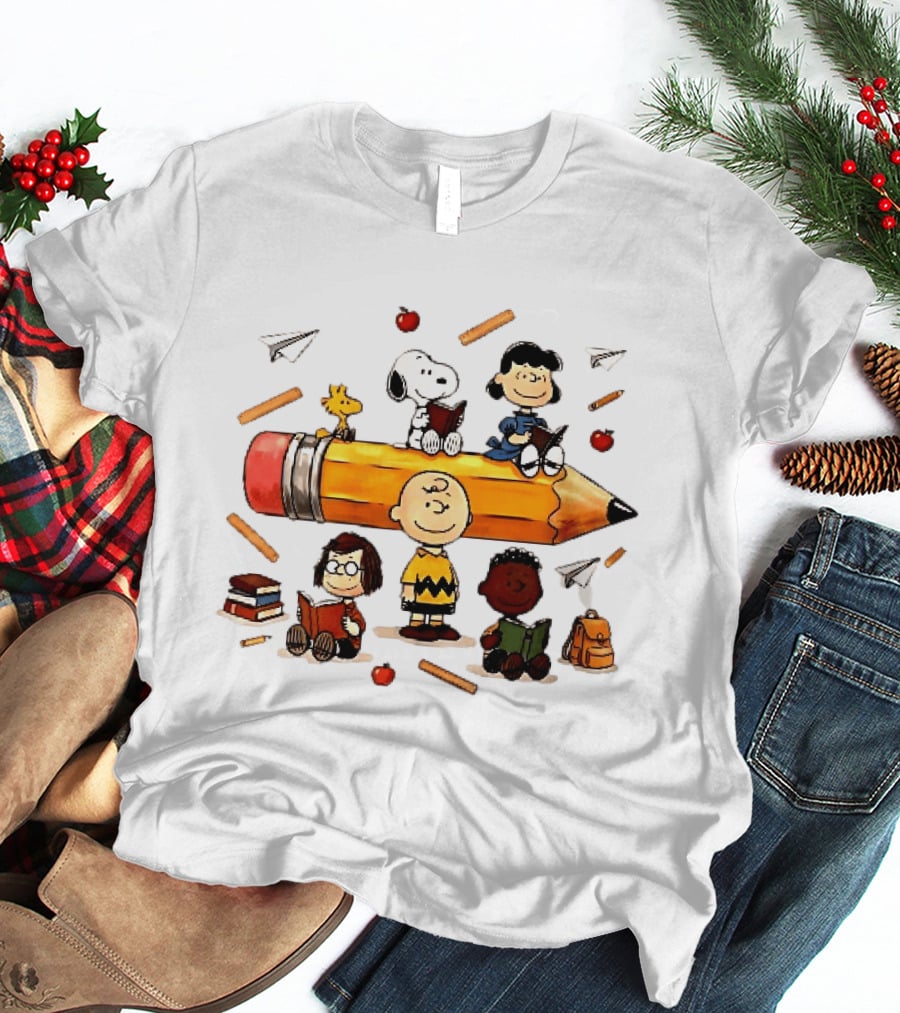 Charlie's Giant Pencil Peanuts Cartoon School Supplies Snoopy Woodstock T-Shirt