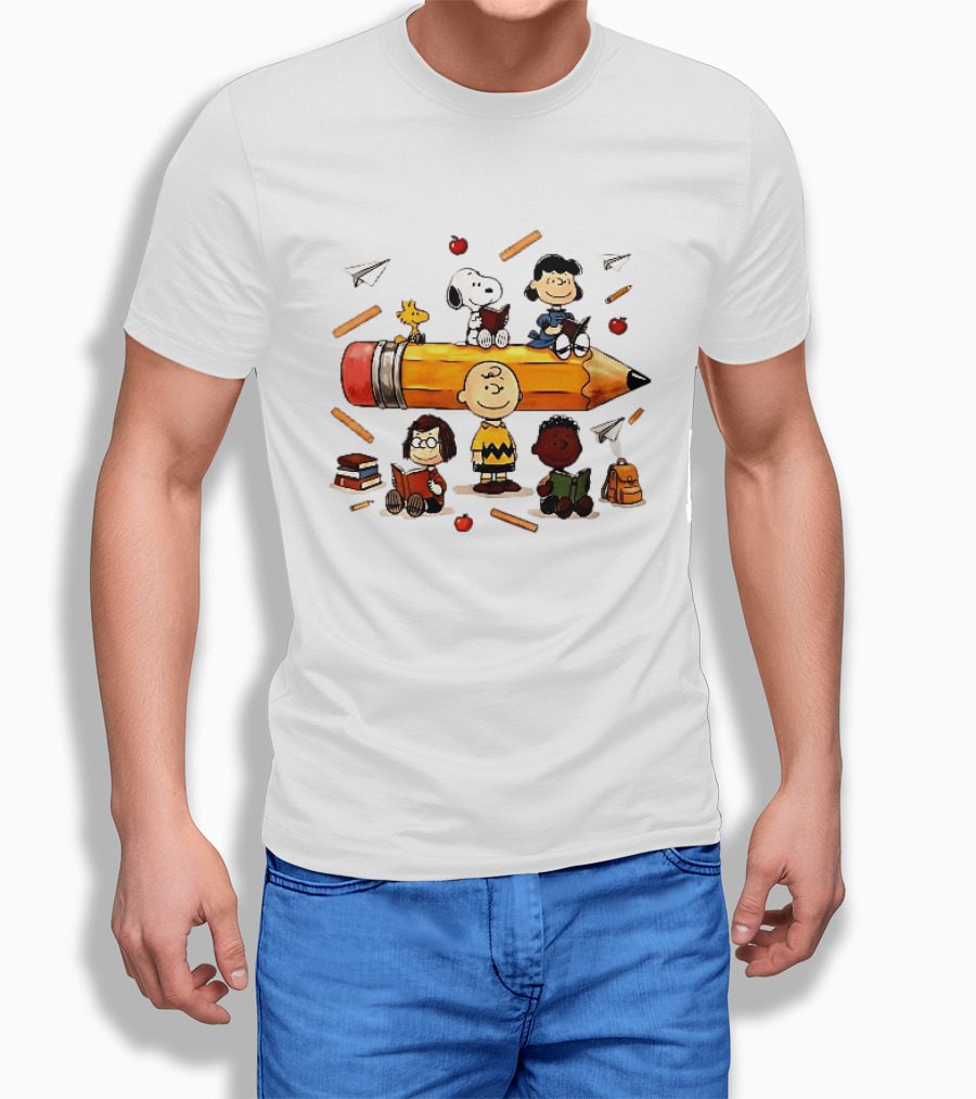Charlie's Giant Pencil Peanuts Cartoon School Supplies Snoopy Woodstock T-Shirt