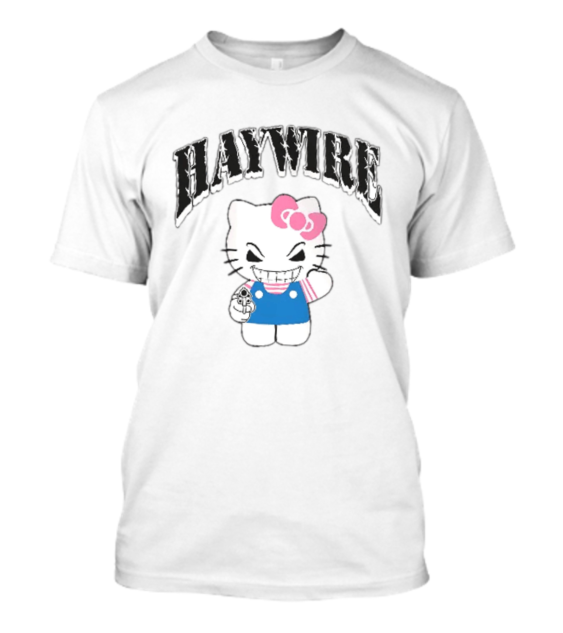 Haywire Hello Kitty Mischievous Grin Pink Bow Blue Overalls T-Shirt