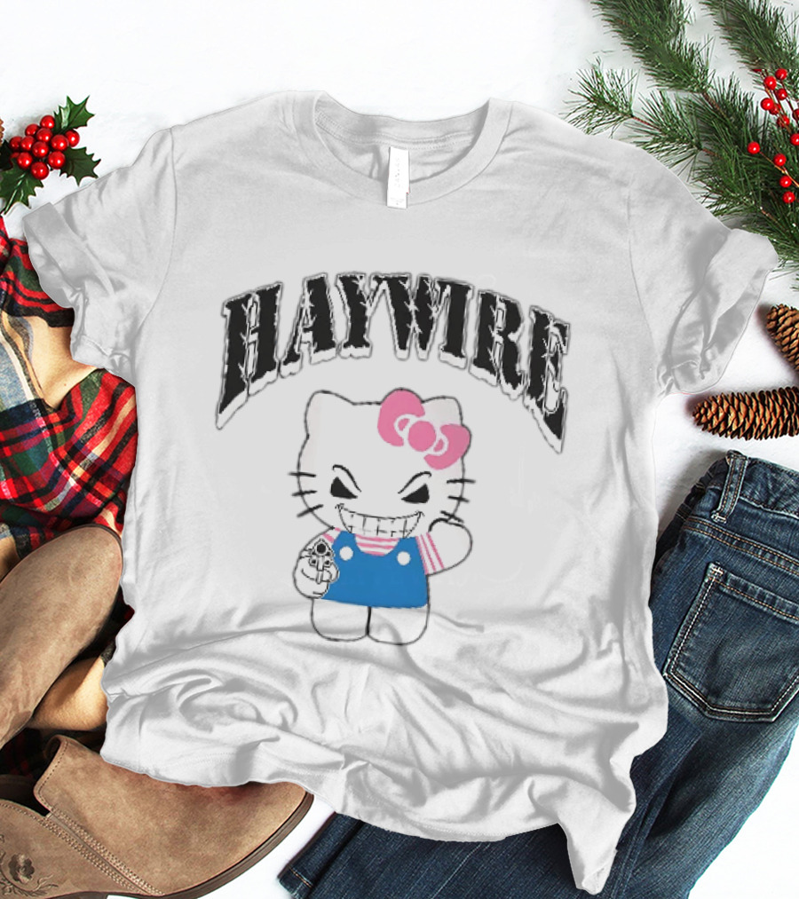 Haywire Hello Kitty Mischievous Grin Pink Bow Blue Overalls T-Shirt