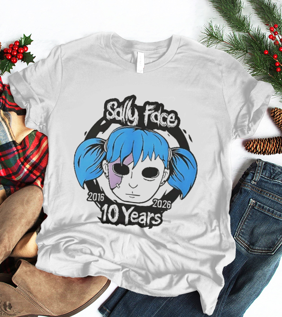 Sally Face 2016 2026 10 Years Cartoon Blue Hair Masked Character Anniversary T-Shirt