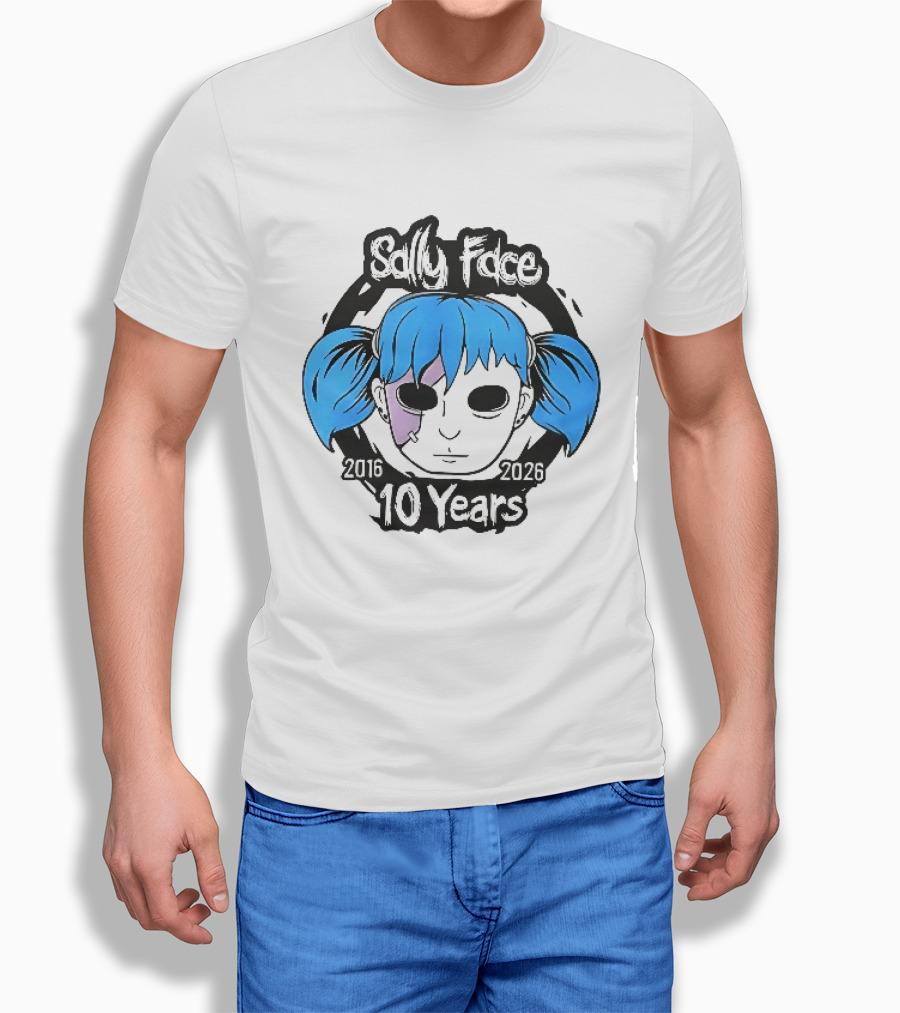 Sally Face 2016 2026 10 Years Cartoon Blue Hair Masked Character Anniversary T-Shirt