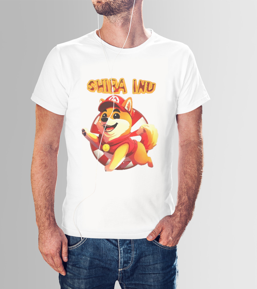 Shiba Inu Cartoon Dog Mario Red Cap Vest Running Striped T-Shirt