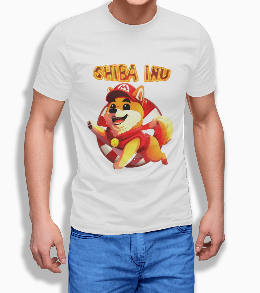 Shiba Inu Cartoon Dog Mario Red Cap Vest Running Striped T-Shirt