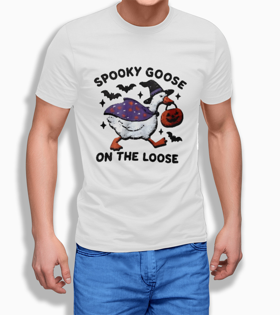 Spooky Goose On The Loose Witch Hat Pumpkin Cape Bats T-Shirt