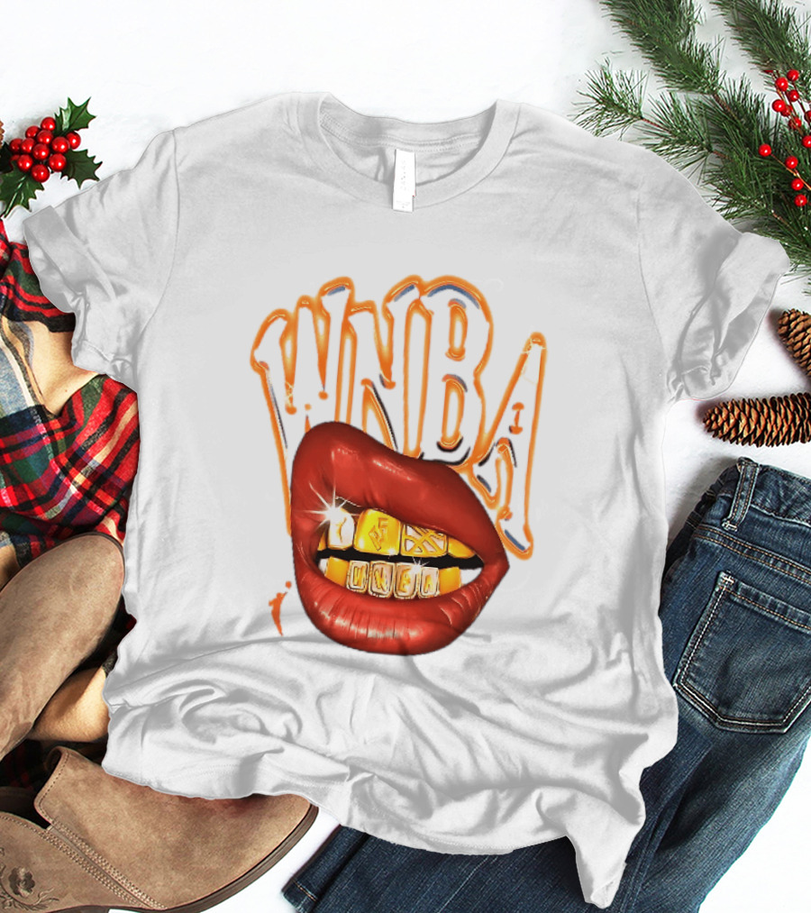 WNBA Red Lips Gold Teeth Grillz Glowing Chrome Lettering T-Shirt