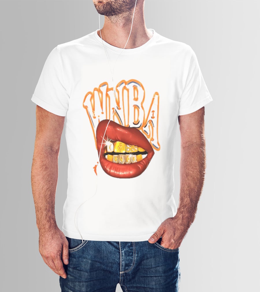 WNBA Red Lips Gold Teeth Grillz Glowing Chrome Lettering T-Shirt
