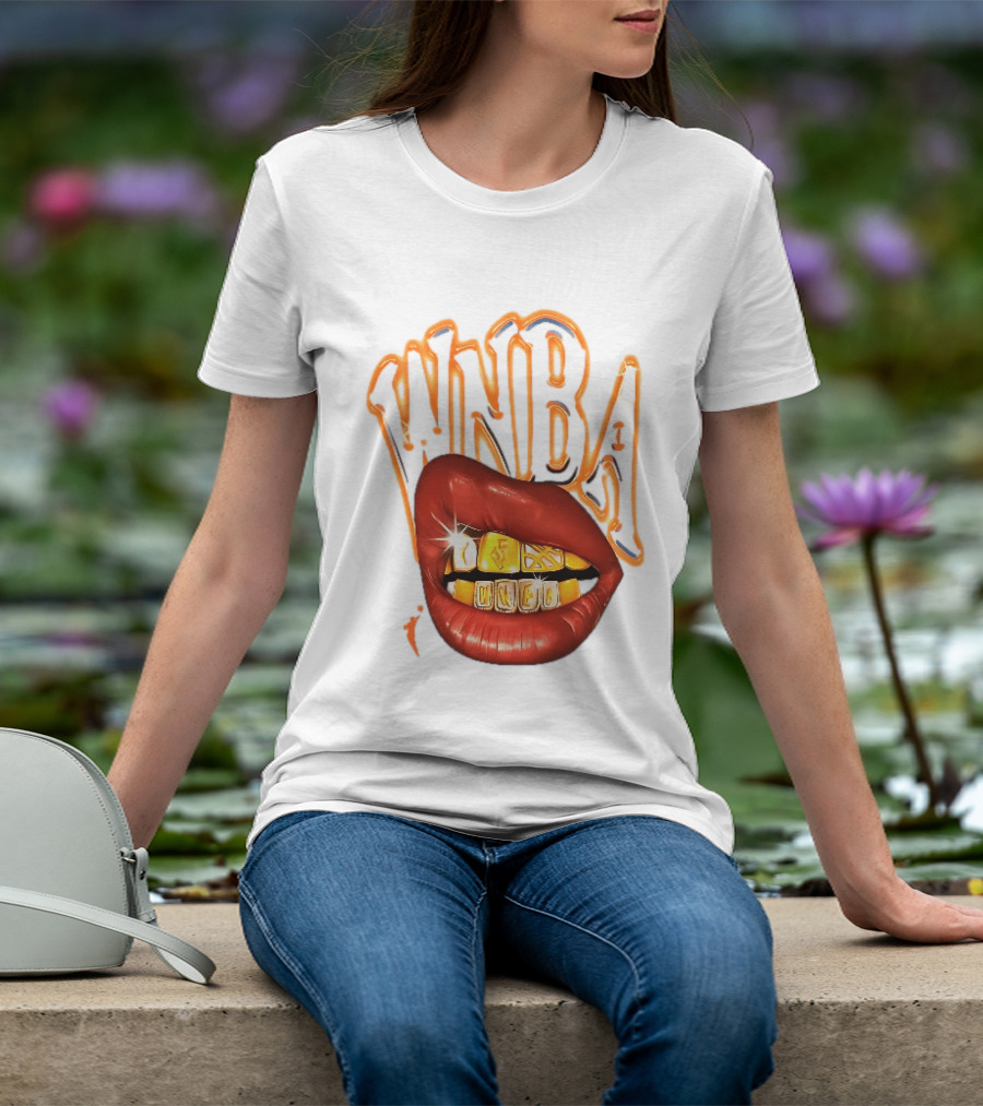 WNBA Red Lips Gold Teeth Grillz Glowing Chrome Lettering T-Shirt