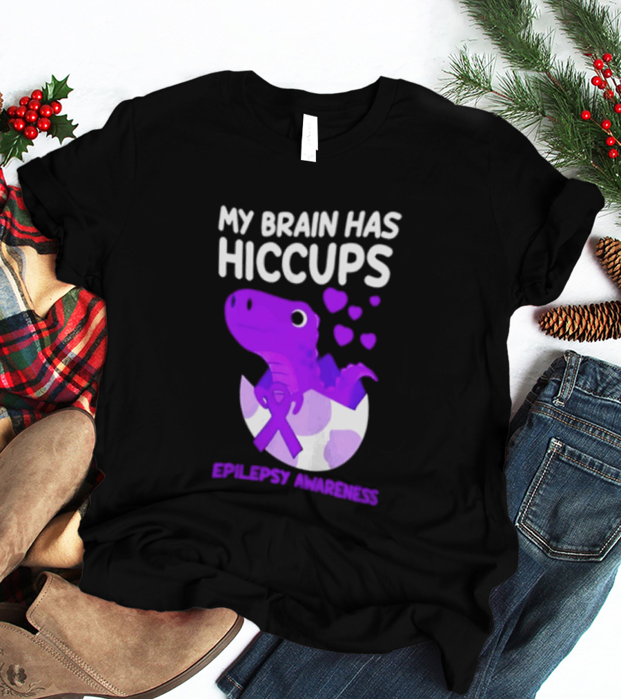 My Brain Has Hiccups Epilepsy Awareness Dinosaur Purple Ribbon Eggshell Hearts T-Shirt
