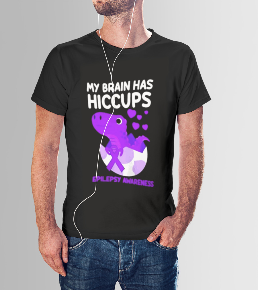 My Brain Has Hiccups Epilepsy Awareness Dinosaur Purple Ribbon Eggshell Hearts T-Shirt