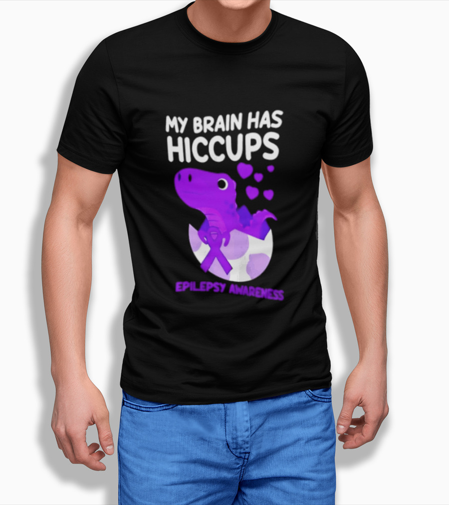 My Brain Has Hiccups Epilepsy Awareness Dinosaur Purple Ribbon Eggshell Hearts T-Shirt