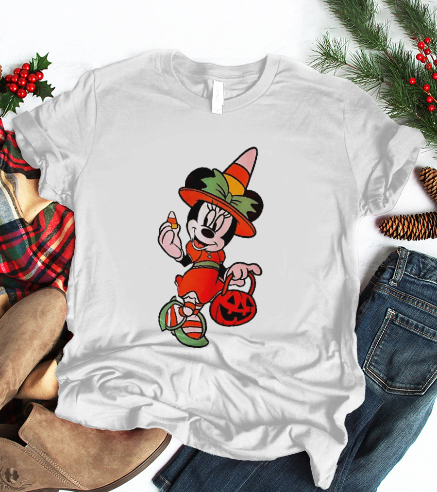 Disney Minnie Mouse Halloween Witch With Candy Corn And Pumpkin Bucket T-Shirt