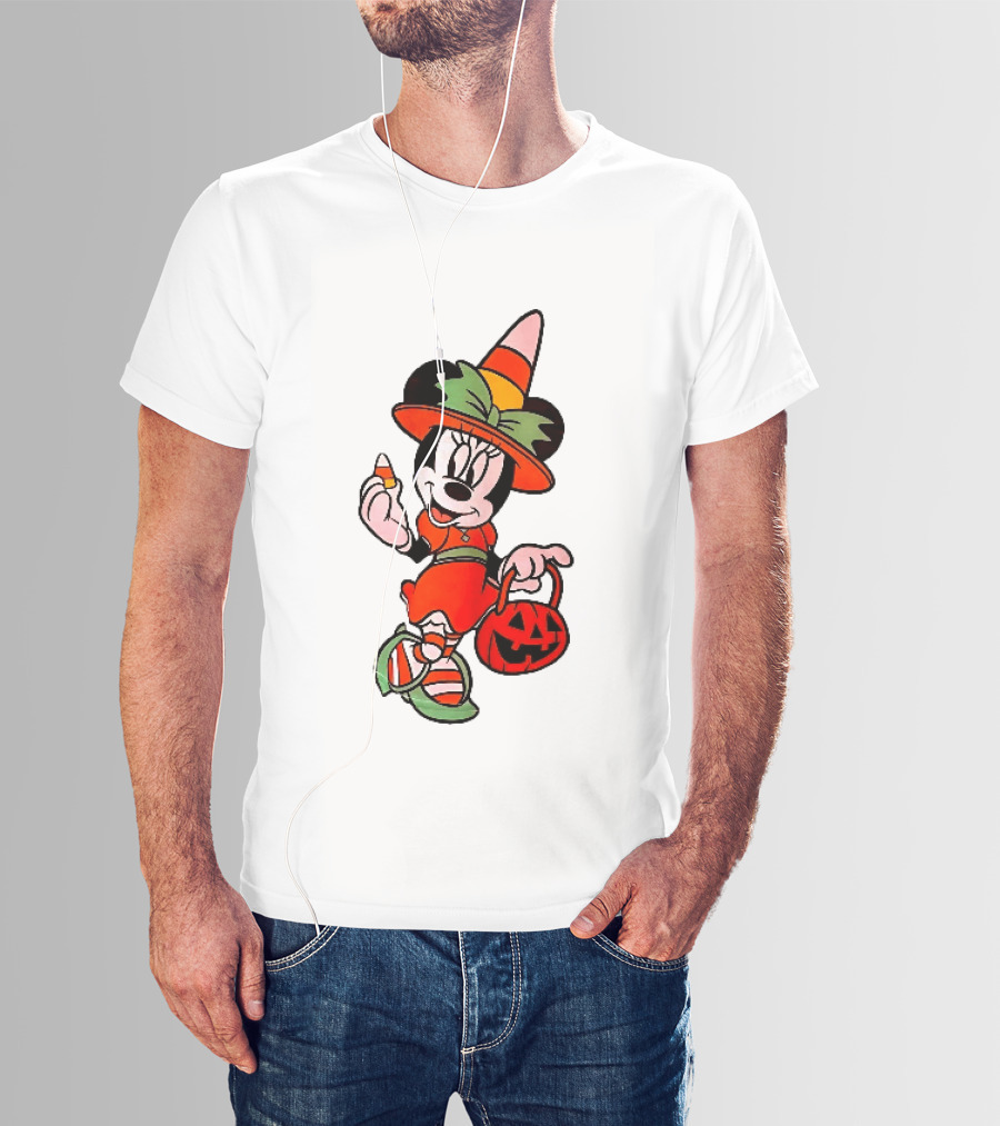 Disney Minnie Mouse Halloween Witch With Candy Corn And Pumpkin Bucket T-Shirt