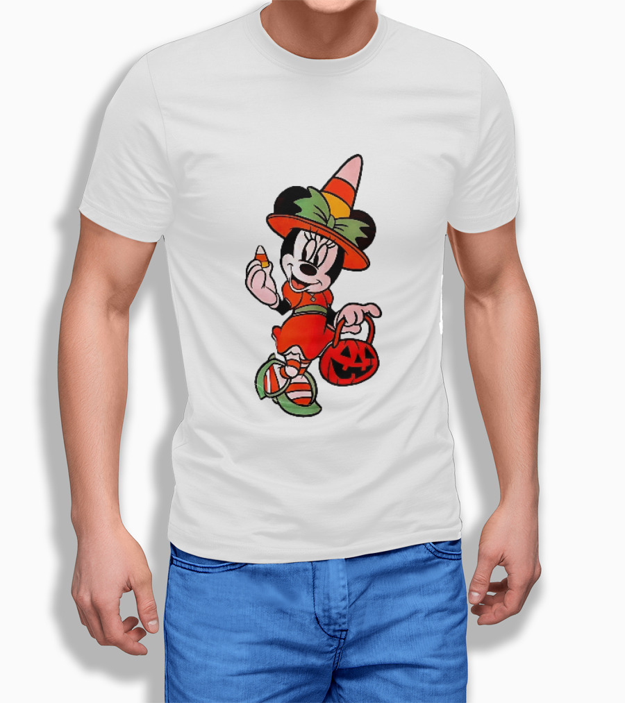 Disney Minnie Mouse Halloween Witch With Candy Corn And Pumpkin Bucket T-Shirt