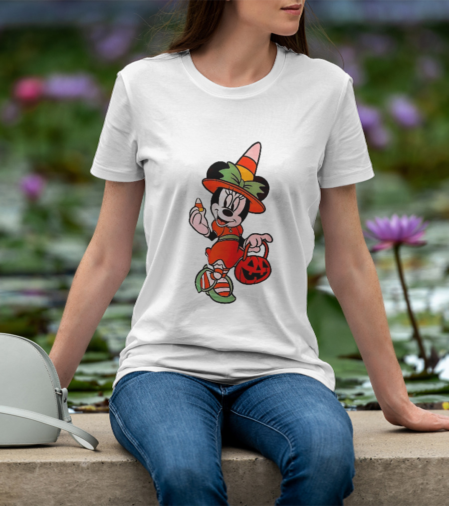 Disney Minnie Mouse Halloween Witch With Candy Corn And Pumpkin Bucket T-Shirt