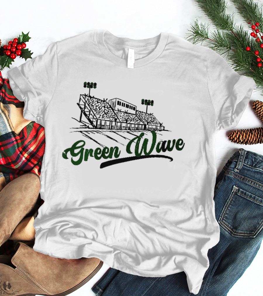 Green Wave Football Stadium Bleachers With Light Poles Sketch T-Shirt