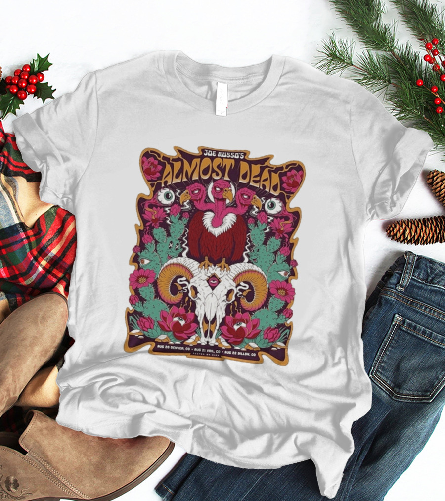 Joe Russo's Almost Dead Tour 2026 August 20 Denver August 21 Vail August 22 Dillon Vibrant Skull And Vulture Art Floral T-Shirt