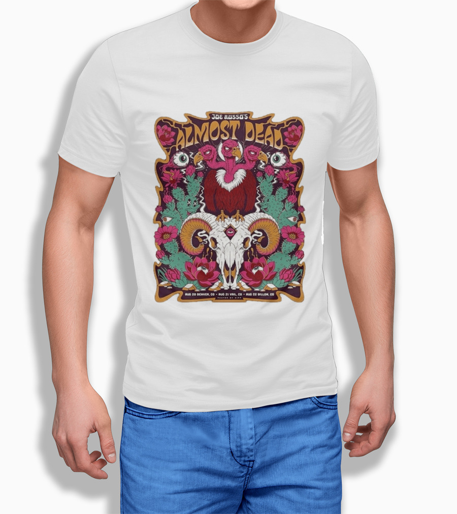 Joe Russo's Almost Dead Tour 2026 August 20 Denver August 21 Vail August 22 Dillon Vibrant Skull And Vulture Art Floral T-Shirt