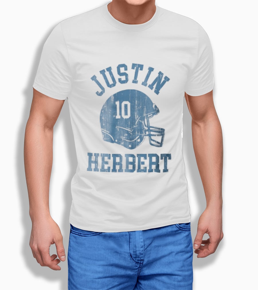 Justin Herbert Distressed Light Blue Football Helmet Number 10 T-Shirt