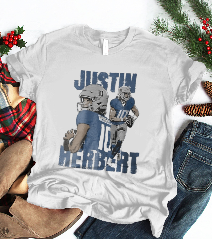 Justin Herbert Quarterback Action Photo Collage Blue Distressed T-Shirt