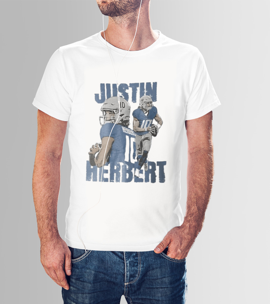 Justin Herbert Quarterback Action Photo Collage Blue Distressed T-Shirt