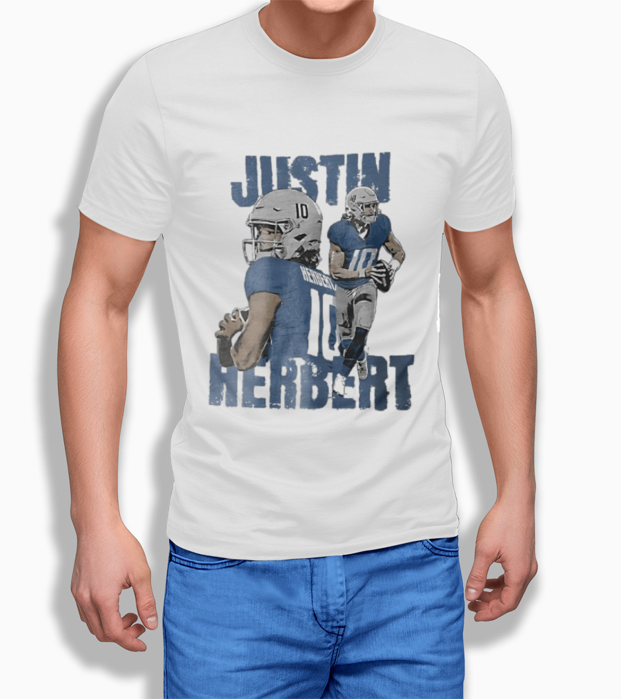 Justin Herbert Quarterback Action Photo Collage Blue Distressed T-Shirt
