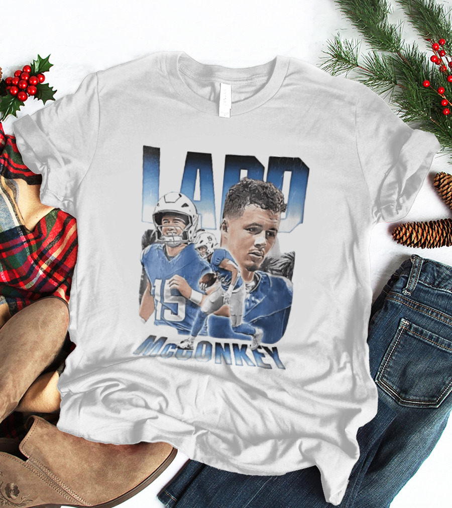 Ladd McConkey Number 15 Football Player Blue Jersey Collage T-Shirt