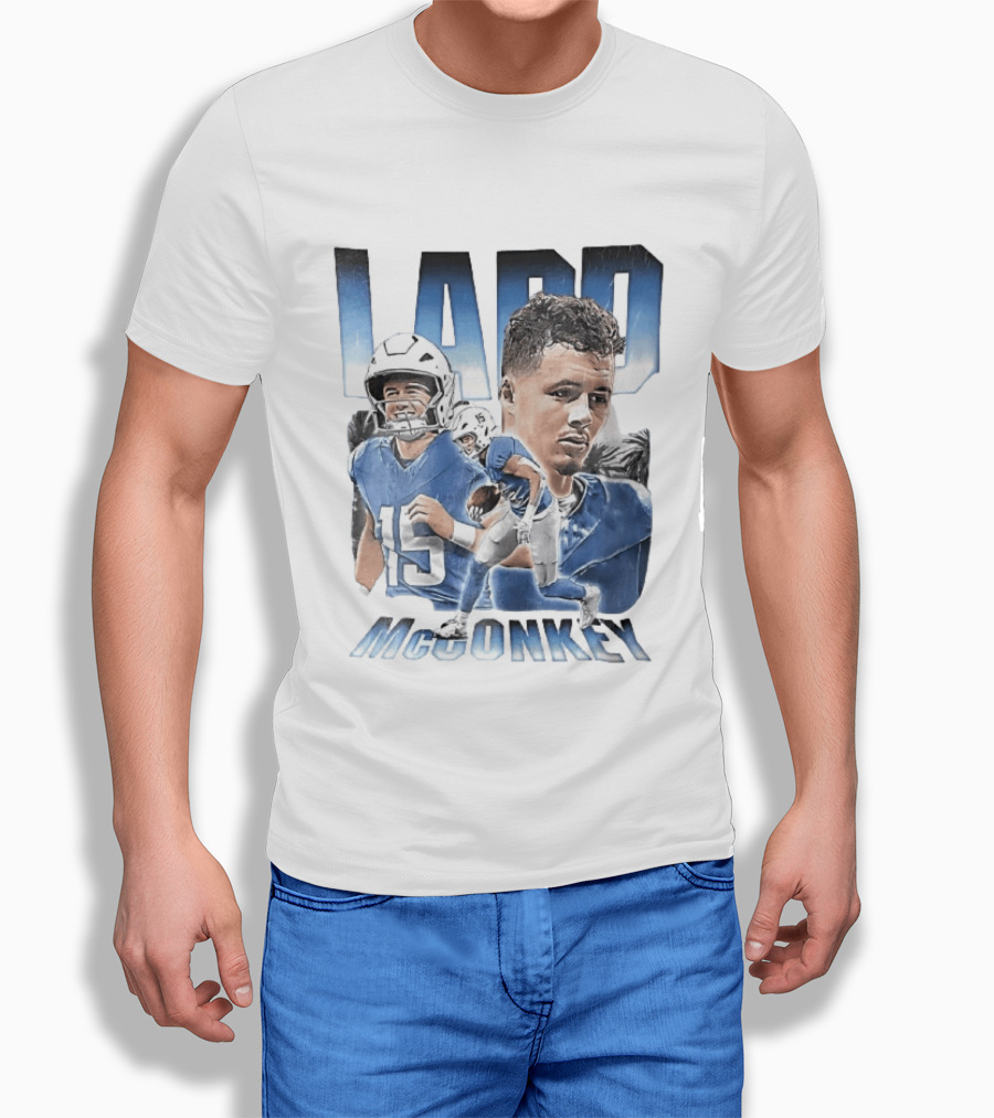 Ladd McConkey Number 15 Football Player Blue Jersey Collage T-Shirt