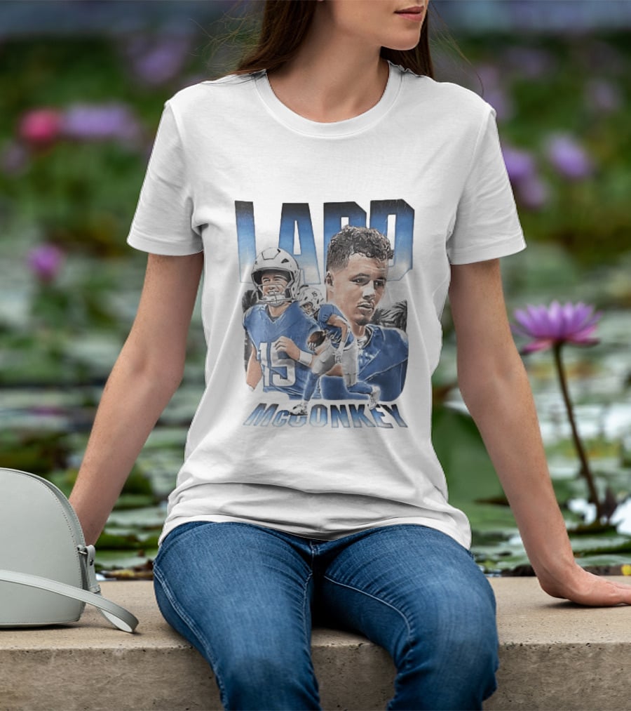 Ladd McConkey Number 15 Football Player Blue Jersey Collage T-Shirt