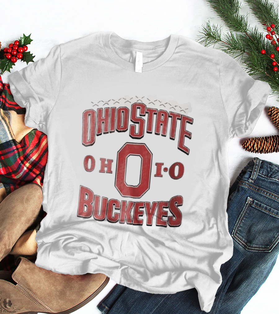 Ohio State Buckeyes NCAA Ohio Block Letter Red Football Laces Arch T-Shirt
