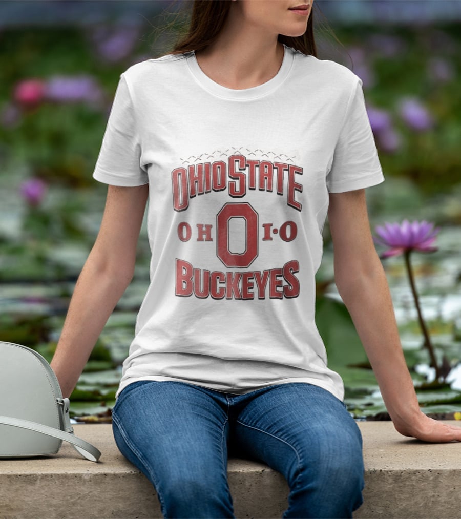 Ohio State Buckeyes NCAA Ohio Block Letter Red Football Laces Arch T-Shirt