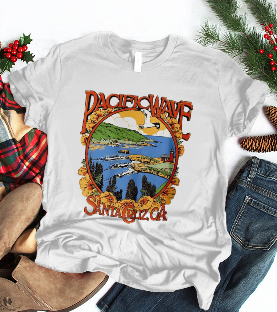 Pacific Wave Santa Cruz CA Coastal Lighthouse Ocean Seagull Flowers Scenic T-Shirt