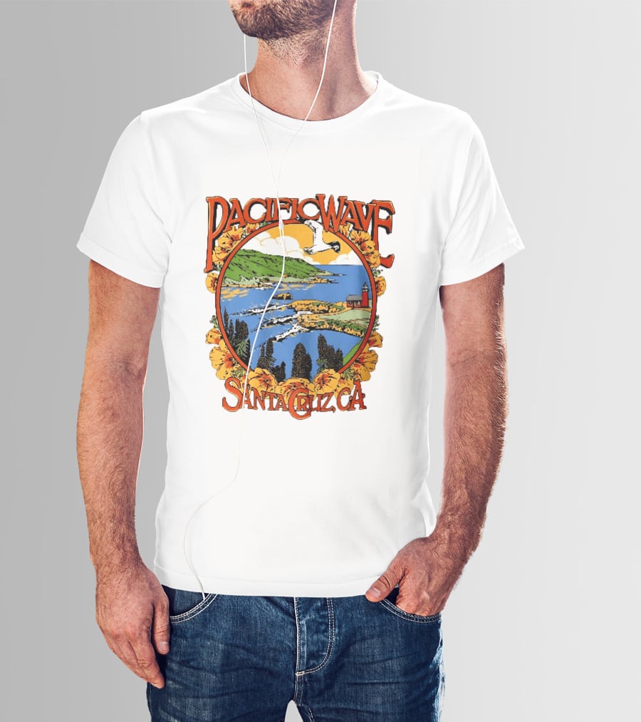 Pacific Wave Santa Cruz CA Coastal Lighthouse Ocean Seagull Flowers Scenic T-Shirt