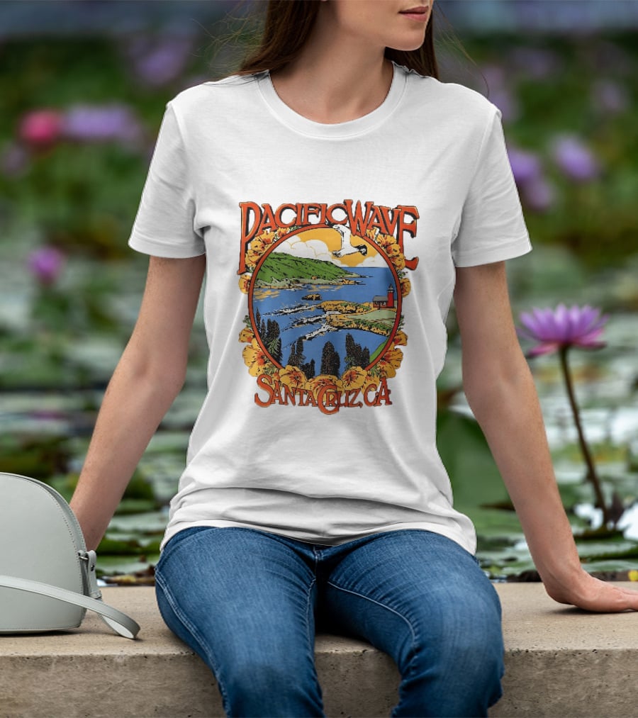 Pacific Wave Santa Cruz CA Coastal Lighthouse Ocean Seagull Flowers Scenic T-Shirt