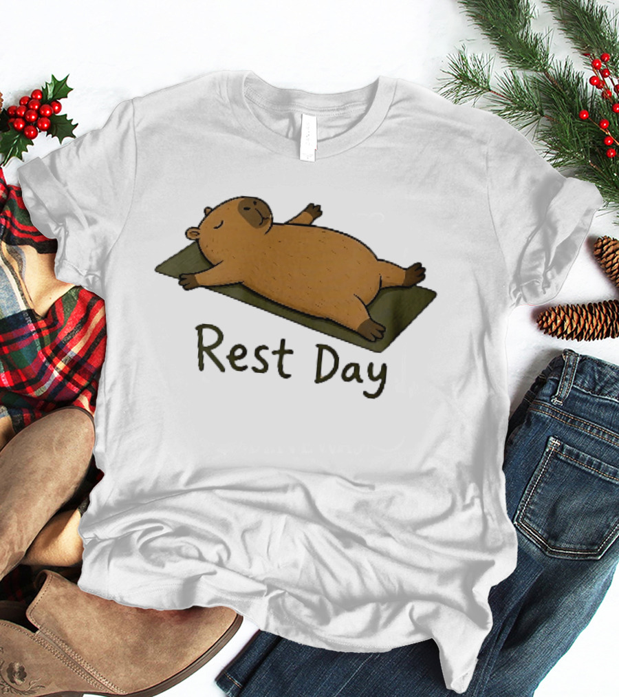 Rest Day Capybara Relaxing On Yoga Mat Cartoon T-Shirt