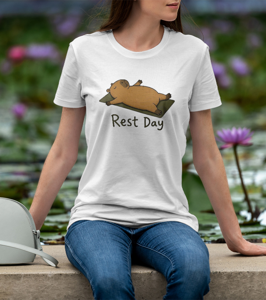 Rest Day Capybara Relaxing On Yoga Mat Cartoon T-Shirt