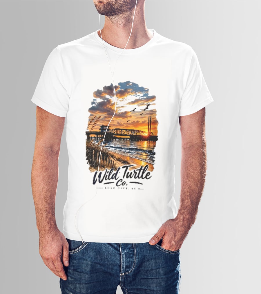 Wild Turtle Co Surf City NC Beach Dunes Pier Sunset Flying Birds T-Shirt