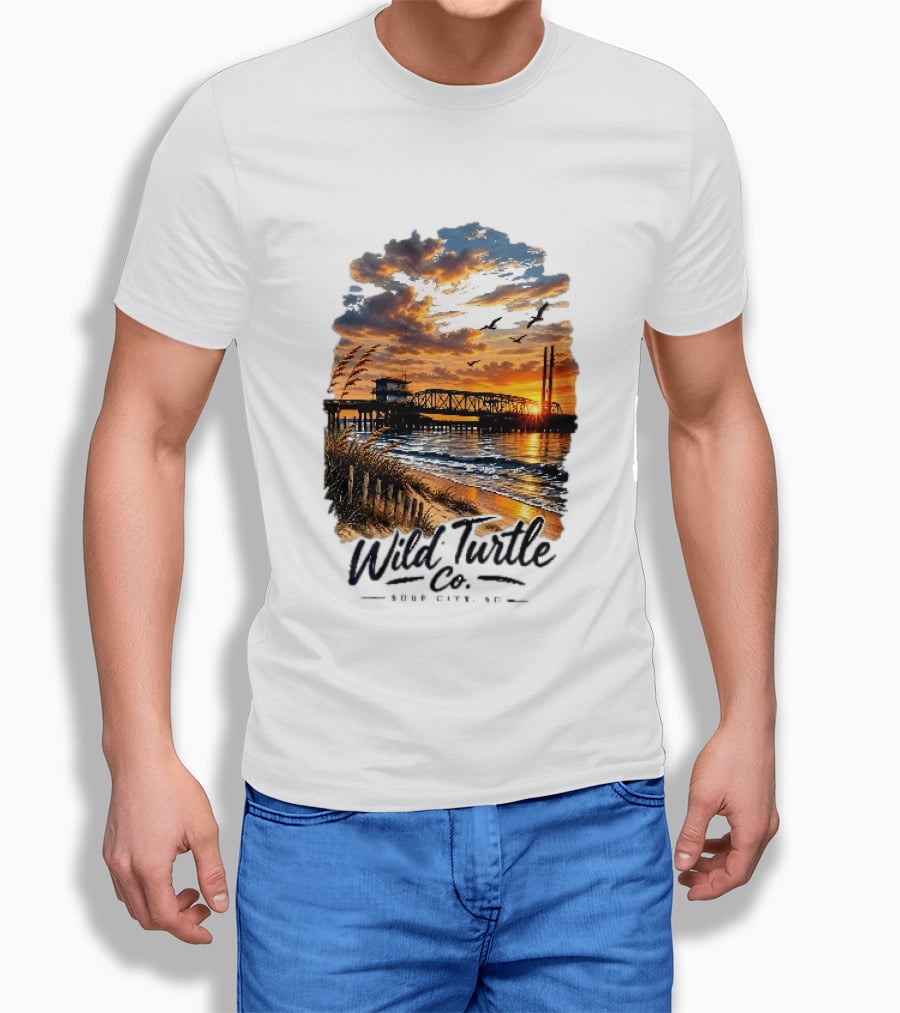 Wild Turtle Co Surf City NC Beach Dunes Pier Sunset Flying Birds T-Shirt