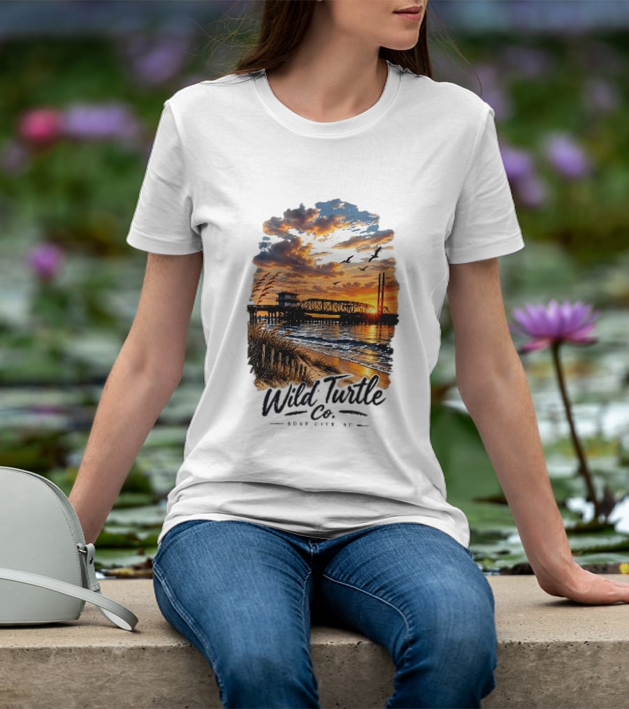 Wild Turtle Co Surf City NC Beach Dunes Pier Sunset Flying Birds T-Shirt
