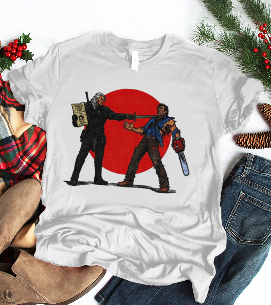 Geralt Vs Ash Evil Dead Or Alive Red Circle Showdown T-Shirt