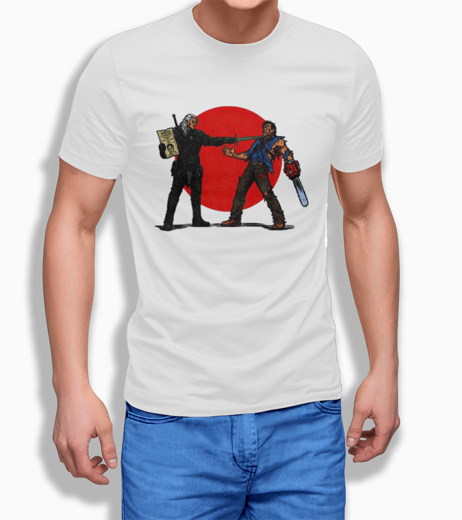 Geralt Vs Ash Evil Dead Or Alive Red Circle Showdown T-Shirt